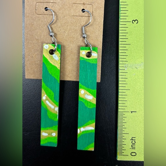 Handmade Jewelry - Green and Gold Rectangular Earrings with Bead Accents
